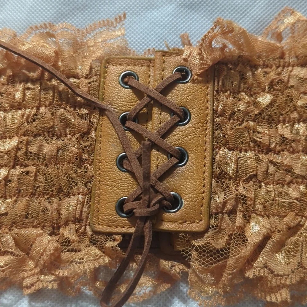 Caramel Brown Lace Faux Leather Lace Up Stretchy Statement Waist Cincher Belt
